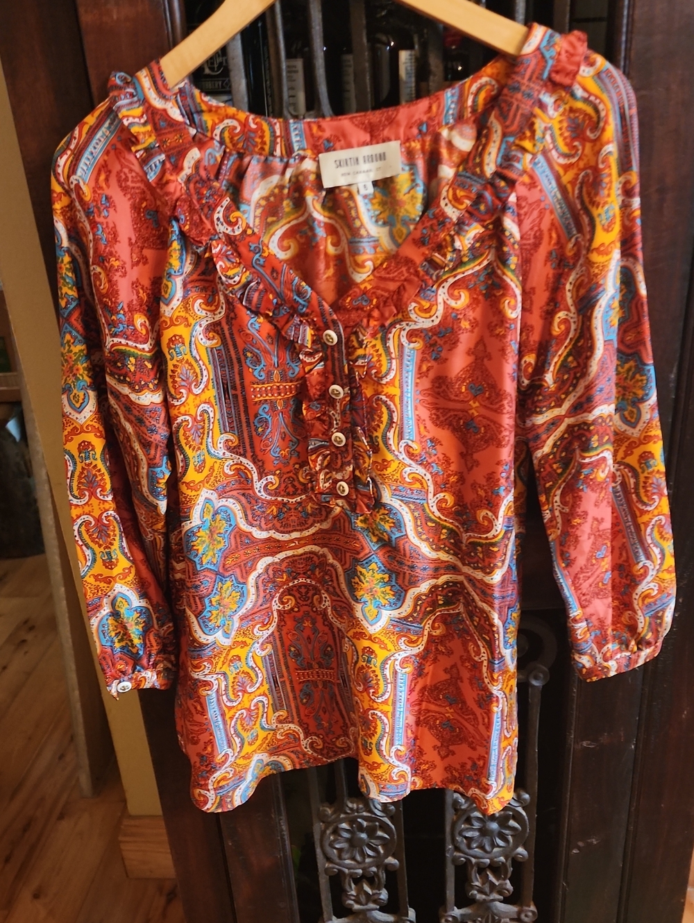 Pure Silk Autum Hued  - Rust Orange - Paisley Ruffled Button Blouse